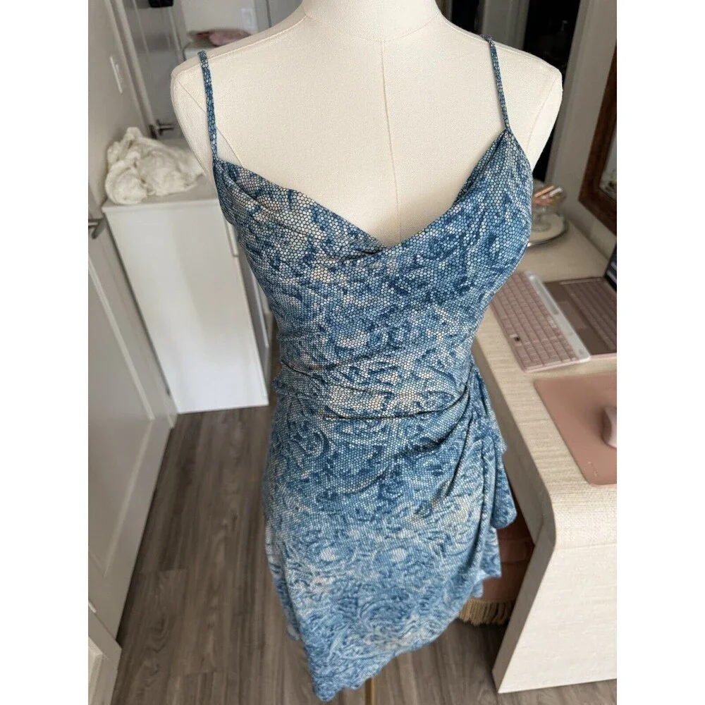 $198 BCBG MAX AZRIA WRAP DRESS WHITE BLUE Size XS High Slit - Picture 7 of 12